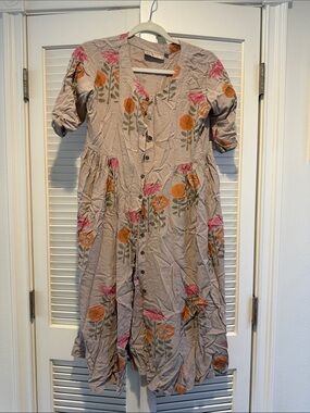 Women's Floral Button-Front Midi Dress in Beige with Pink & Orange Blooms